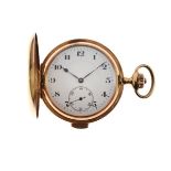 Anonymous - Hunter minute repeating pocket watch, stamped '14k', the white enamel dial with black