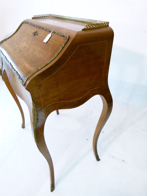 19th Century French lady's marquetry inlaid walnut bureau having cast brass mounts, allover - Image 5 of 7