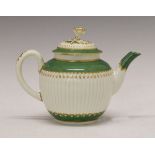 18th Century English porcelain globular teapot, probably Worcester, the body with vertical flutes,