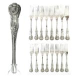 Set of eight Victorian silver Kings pattern table forks together with a set of eight matching