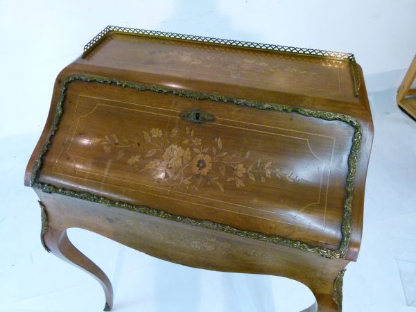 19th Century French lady's marquetry inlaid walnut bureau having cast brass mounts, allover - Image 2 of 7