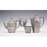 Late 19th Century silver plated four piece tea service decorated in the Indian style with signs of