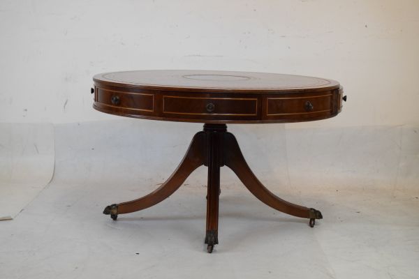 Matched pair of reproduction mahogany low drum tables, each having an inset leather top, fitted real - Image 4 of 9