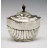 Victorian silver oval tea caddy having half reeded decoration, makers Walter & John Barnard,