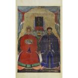 Chinese ancestral painting, probably 19th Century, typically depicting two seated figures, 99cm x