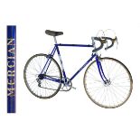 Mercian Reynolds 531 steel framed racing cycle in blue and white with white transfers, fitted