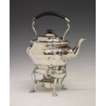 Victorian silver spirit kettle and stand of oval lobed form, the kettle with ebonised handle, the