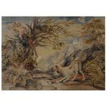 Large needlepoint picture depicting a dog and a pheasant in a woodland setting, 44.5cm x 101cm,