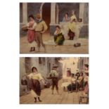 Pair of early 20th Century chystoleums - Italian street scenes with villagers, 18.5cm x 23.5cm
