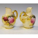 Two Royal Worcester shape 1094 jugs, each painted with roses on an ivory ground, 10.5cm high