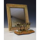 Set of early 20th Century brass postage scales and weights together with a small gilt framed wall