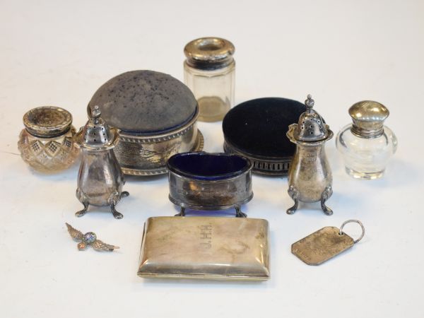 Various silver including pepperettes, pin cushion, cigarette case, salt etc, combined total of