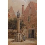 19th Century French School - Watercolour - Village scene with a figure at a water pump, unsigned,