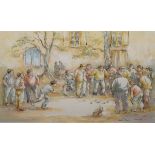 Anne Morse - Watercolour - Boule Players, signed and titled, 17.5cm x 45cm, framed and glazed