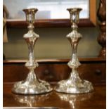 Pair of 19th Century white metal candlesticks, each having a double knopped column with embossed