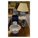 Two pottery jardinières, large blue and white ovoid jar and cover, table lamp, Satsuma vase etc