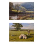 Pair of small oils on board - Sheepdog Trials and a Riverside landscape, each signed Braley, 19cm