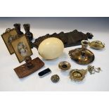 Interesting miscellanea including serpentine vases, carved roller blotter, letter rack, ostrich egg,