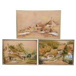 Frank Watson - A group of three watercolours - Thatched Cottages At Selworthy, Somerset, each signed