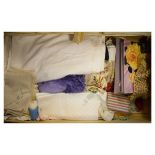 Quantity of various linen and fabrics in a vintage cabin trunk Condition: