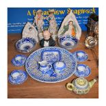 Various ceramics including; Staffordshire figures, Continental bisque porcelain figures, blue and