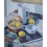 Peter Hawthorn - Oil on panel - Still life with fruit, signed and dated 1957, 48cm x 39cm, framed