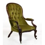 Victorian gentleman's mahogany framed balloon back open arm drawing room chair, upholstered in green