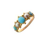 Antique yellow metal dress ring set with turquoise coloured cabochons and split pearls, size O, 3g