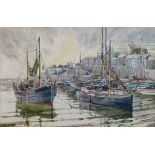 Frank Shipsides - Watercolour - Fishing Boats In Brixham Harbour, signed and dated 1957, 26cm x 38.