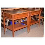 Pair of reproduction rosewood and teak finish rectangular topped side tables, each having an inset