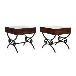 Pair of modern square glass topped coffee tables, the box tops with carved decoration, each standing