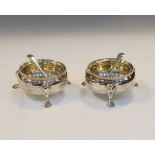 Pair of late Victorian silver cauldron salts, each on three feet, Sheffield 1891 with later