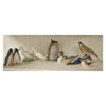 Collection of eight Royal Copenhagen bird figures comprising: Owl No.2999, Penguins No.1284, Drake