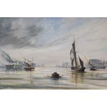 William.H.Isaacs - Oil on canvas - The Thames At Gravesend, signed, 60cm x 90cm, framed Condition: