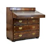 Reproduction brass inlaid military style two section secretaire chest, having a drop flap opening to