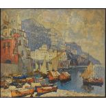 Coloured print - Mediterranean coastal town, 56cm x 69.5cm, framed and glazed Condition: