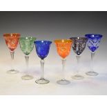 Six cut glass hock glasses, each a coloured glass bowl Condition: