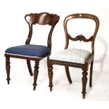 Victorian mahogany yoke back side chair standing on tapered turned supports, together with a