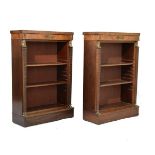 Pair of Regency style mahogany open bookcases, each fitted three shelves flanked by a tapered reeded