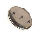 French silver oval patch or pill box decorated to hinged cover with coloured stones, 0.8oz approx