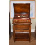 1930's period oak work table, vintage Singer hand sewing machine and an oak box containing