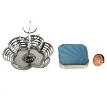 Silver ring tree with six-lobe base, an Art Deco silver and blue enamel compact plus a cameo ring