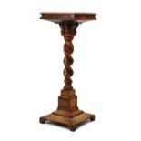 Oak square topped torchère having a barley twist column and standing on a conforming square base