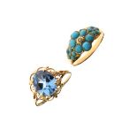 Two yellow metal dress rings comprising: 18ct example set with turquoise cabochon in floral spray