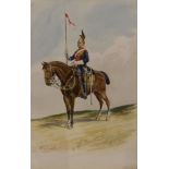 Five watercolours, each depicting a 19th Century cavalry officer on horseback, 28.5cm x 18.5cm,