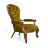 Victorian gentleman's carved walnut framed balloon back open arm drawing room chair, upholstered