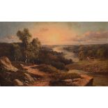 G.Wilson - 19th Century oil on canvas - Rural riverside landscape, a city in the distance, signed,