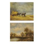 Modern oil on canvas - Landscape with harvesters, 39cm x 49.5cm, indistinctly signed, together