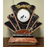 Large French pink marble and marbled slate fan shaped mantel clock, the white enamel dial with