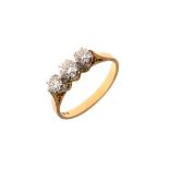 18ct gold and three stone diamond dress ring, size N, 3g approx Condition: